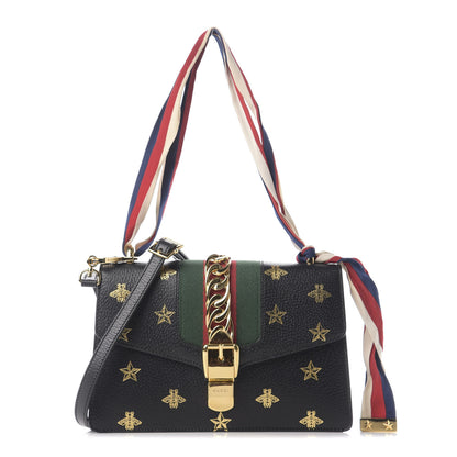 Gucci Textured Calfskin Bee Star Print Small Sylvie Shoulder Bag Black 1 of 11