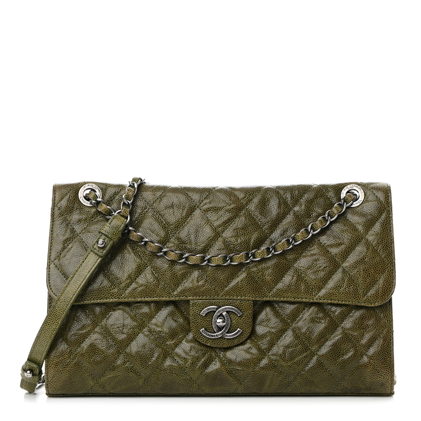 Crumpled Grained Calfskin Jumbo CC Crave Flap Green