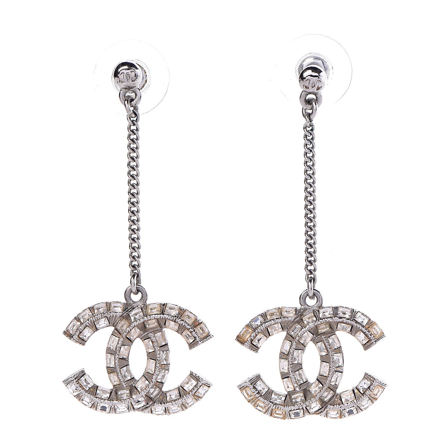 Chanel Baguette Crystal CC Dangle Earrings Silver 1 of 5