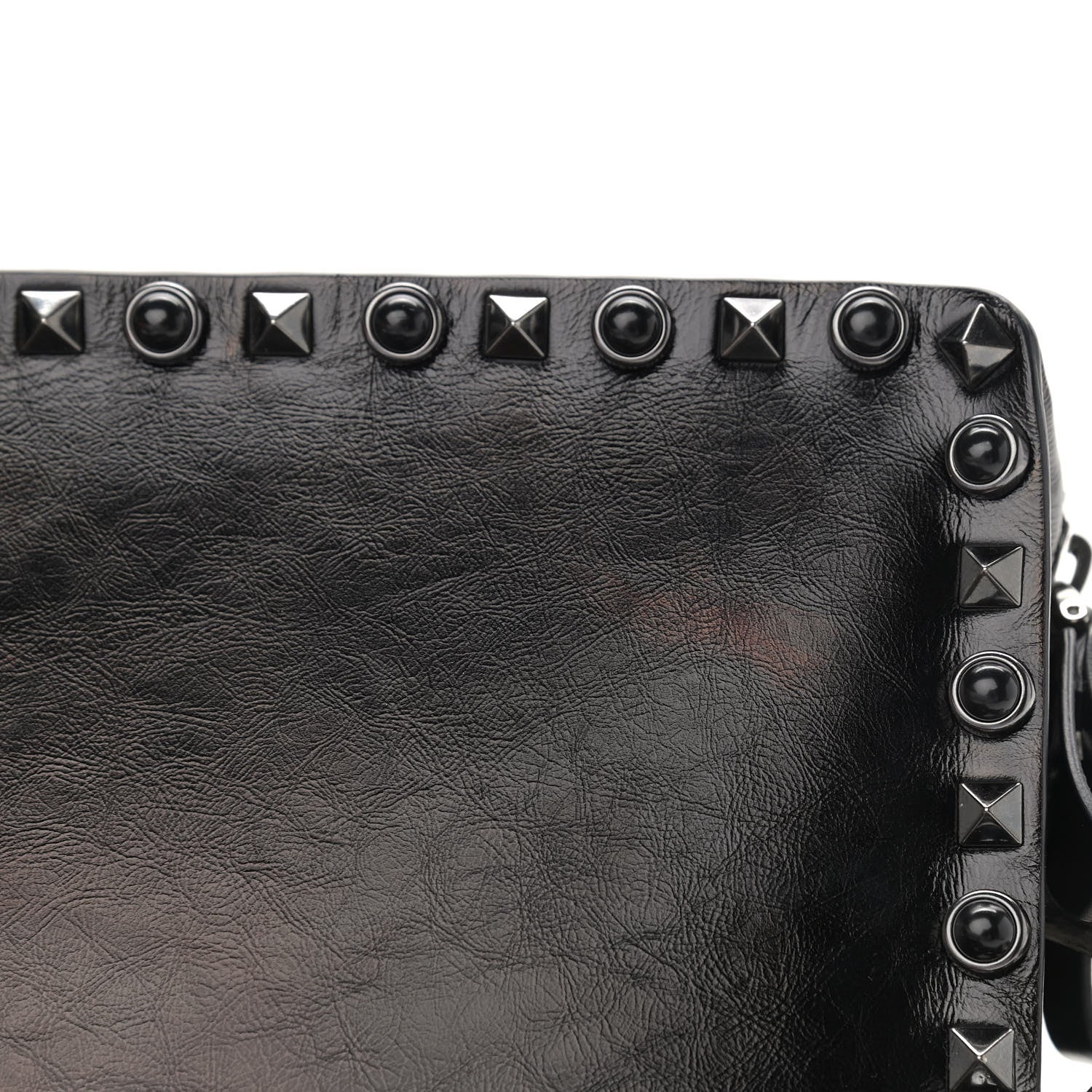 Valentino Garavani Craquele Calfskin Small Guitar Strap Rockstud Rolling Flap Pocket Shoulder Bag Black 10 of 11