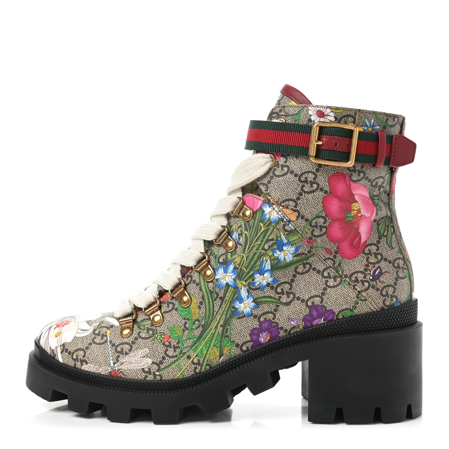 Gucci GG Supreme Monogram Flora Lace Up Combat Ankle Boots 39.5 Beige Multicolor Red 1 of 11
