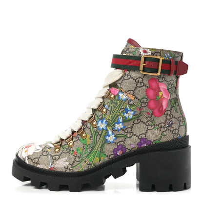 Gucci GG Supreme Monogram Flora Lace Up Combat Ankle Boots 39.5 Beige Multicolor Red 1 of 11