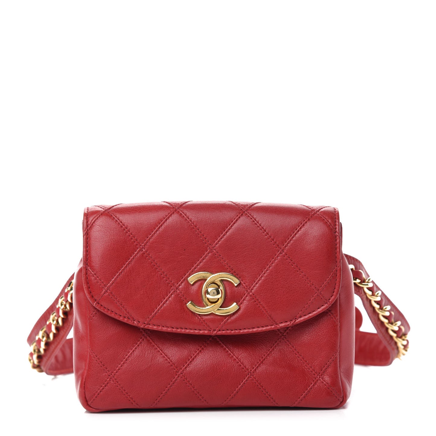 Calfskin Quilted Flap Waist Belt Bag Red