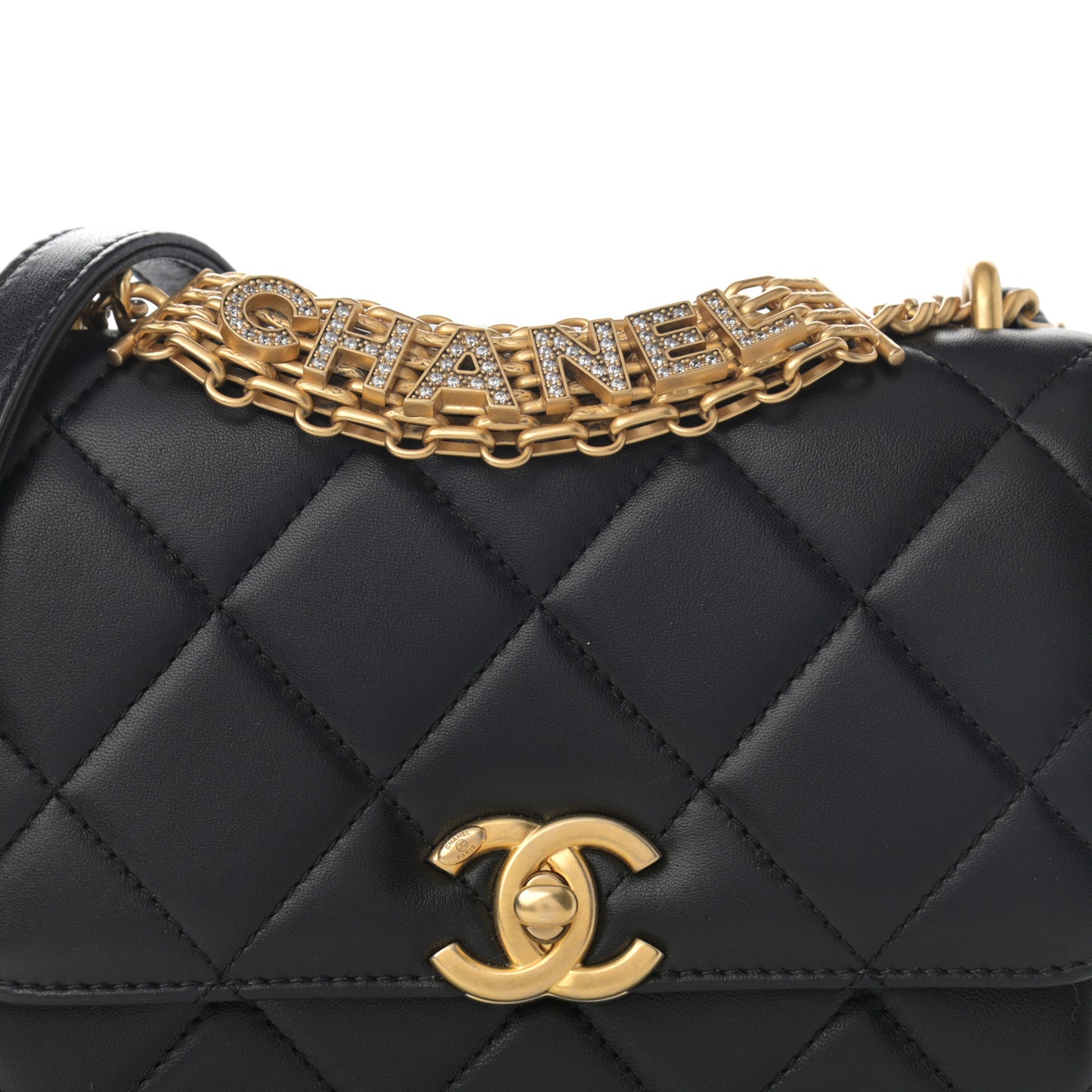 Lambskin Quilted Mini CC Crystal Logo Chain Flap Black