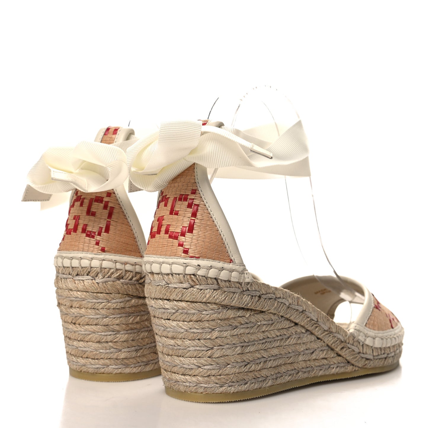 GG Raffia Monogram Ankle Wrap Platform Espadrille Wedge Sandals 37 Beige