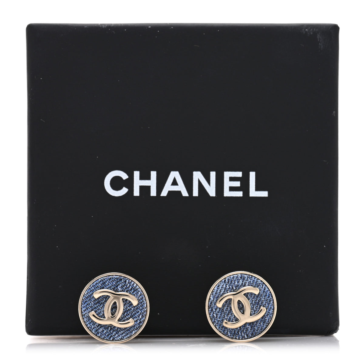 Chanel Metal Enamel CC Denim Round Earrings Gold Blue 5 of 5
