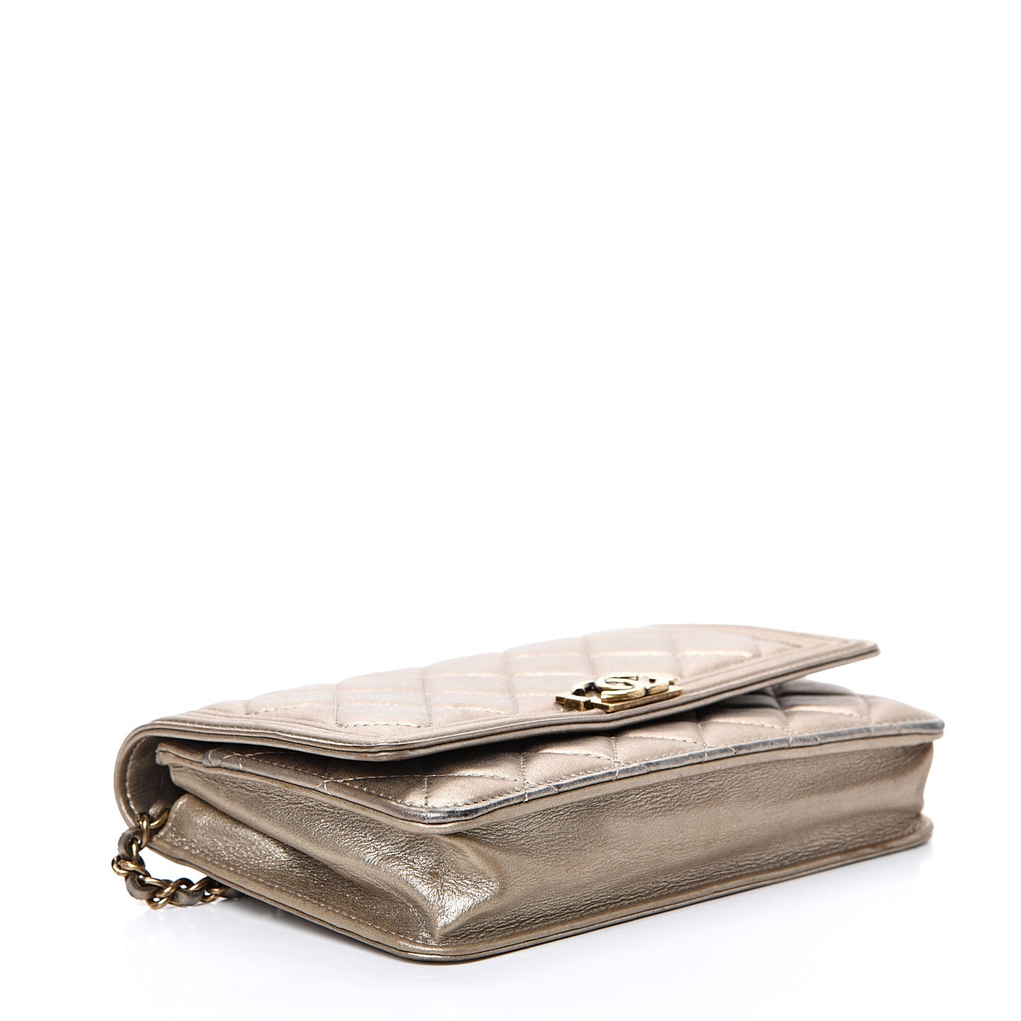Metallic Calfskin Quilted Boy Wallet On Chain WOC Gold