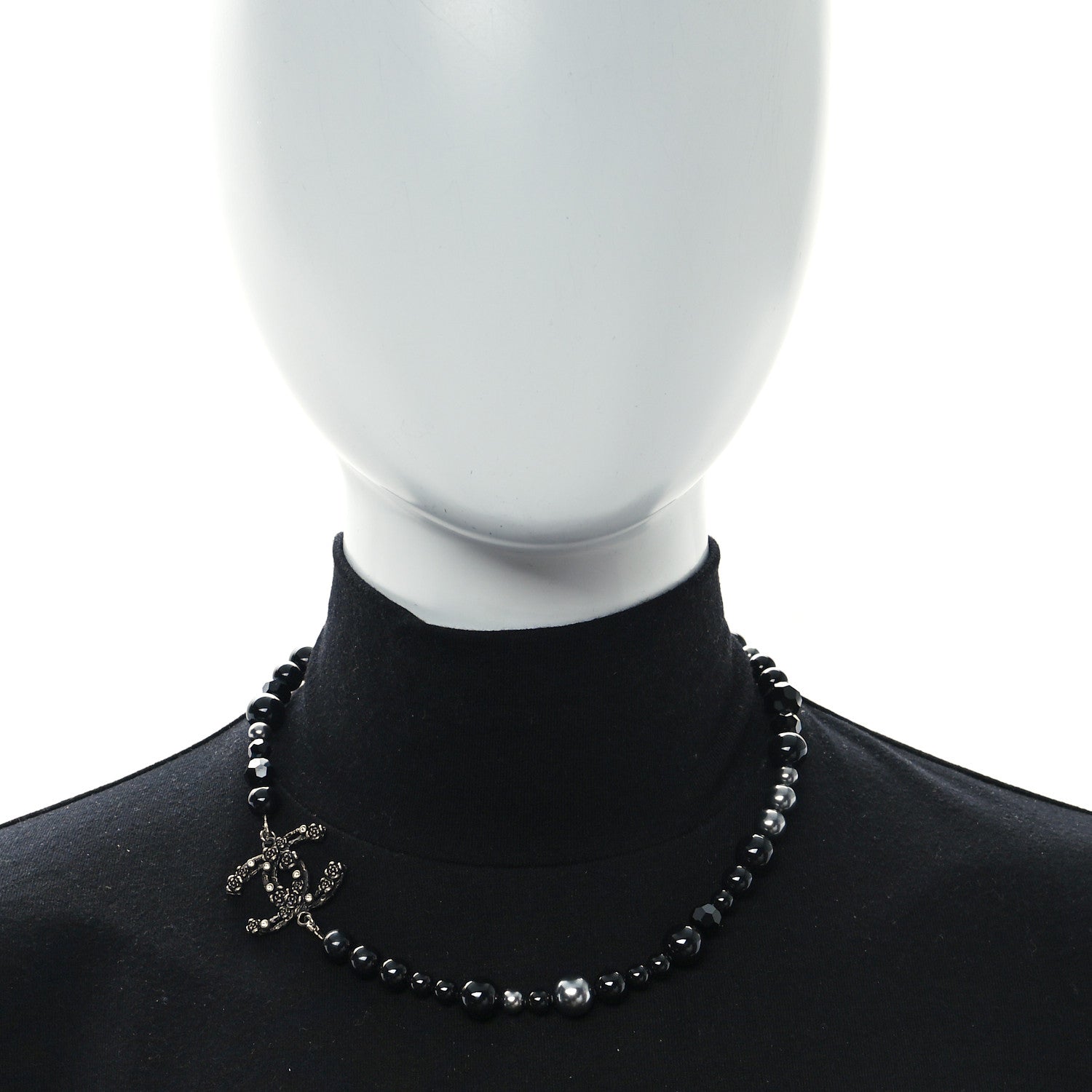 Chanel Pearl Crystal CC Camellia Necklace Ruthenium Black 2 of 5