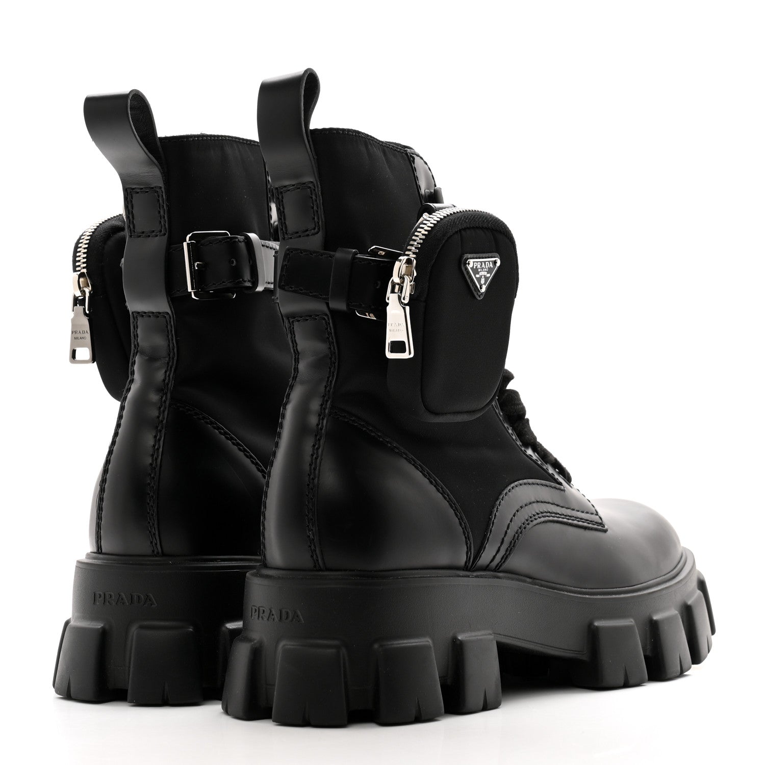Prada Spazzolato Rois Re-Nylon Metal Triangle Logo Mens Monolith Pouch Pocket 60mm Combat Boots 8 Black 4 of 10