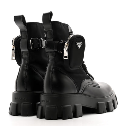 Prada Spazzolato Rois Re-Nylon Metal Triangle Logo Mens Monolith Pouch Pocket 60mm Combat Boots 8 Black 4 of 10