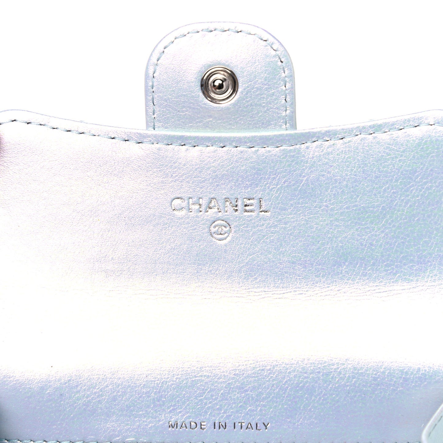 Iridescent Calfskin Quilted Flap Card Holder Light Blue