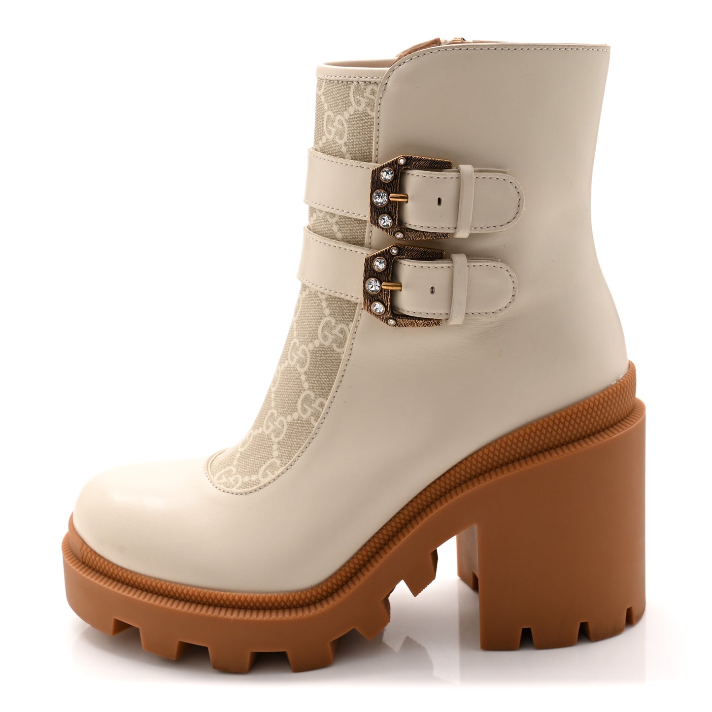 Kensington Calfskin Nappa GG Supreme Monogram Womens Double Buckle Ankle Boots 37.5 Mystic White Beige
