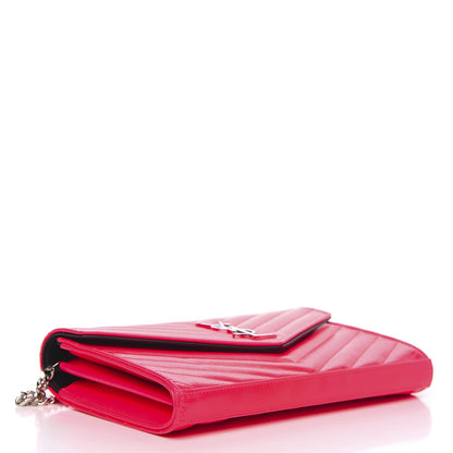 Saint Laurent Patent Grain De Poudre Matelasse Chevron Monogram Chain Wallet Neon Pink 4 of 9