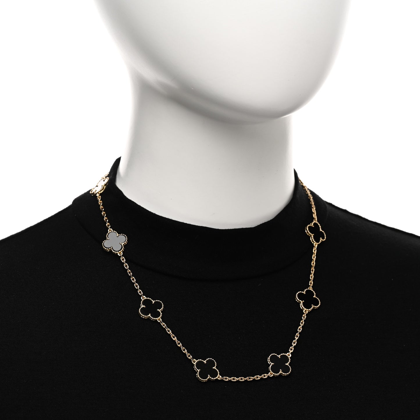 18K Yellow Gold Black Onyx 10 Motifs Vintage Alhambra Necklace
