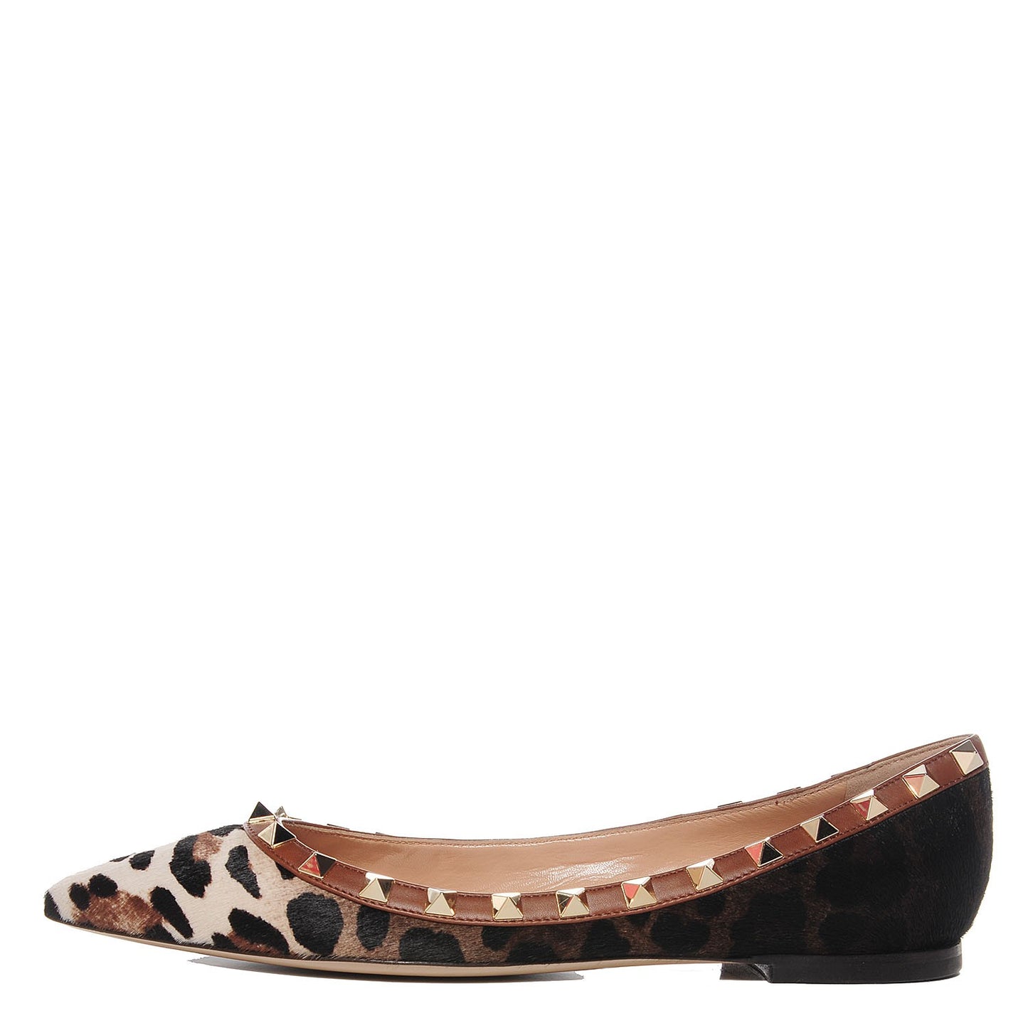 Calf Hair Leopard Print Rockstud Ballerina Flats 36 Brown