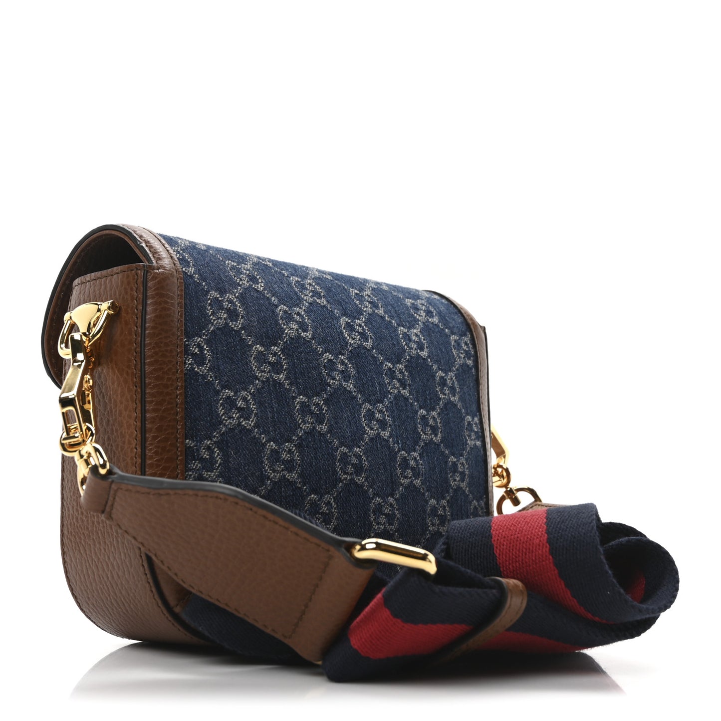 New Denim GG Monogram Dollar Calfskin Web Mini Horsebit 1955 Shoulder Bag Blue Tea Cuir Epilog