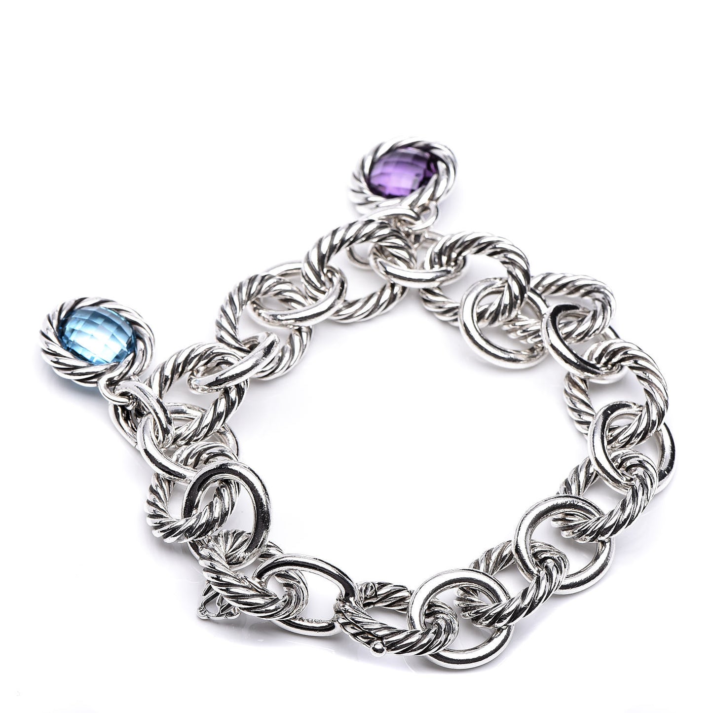 Sterling Silver Amethyst Blue Topaz Oval Link Charm Bracelet