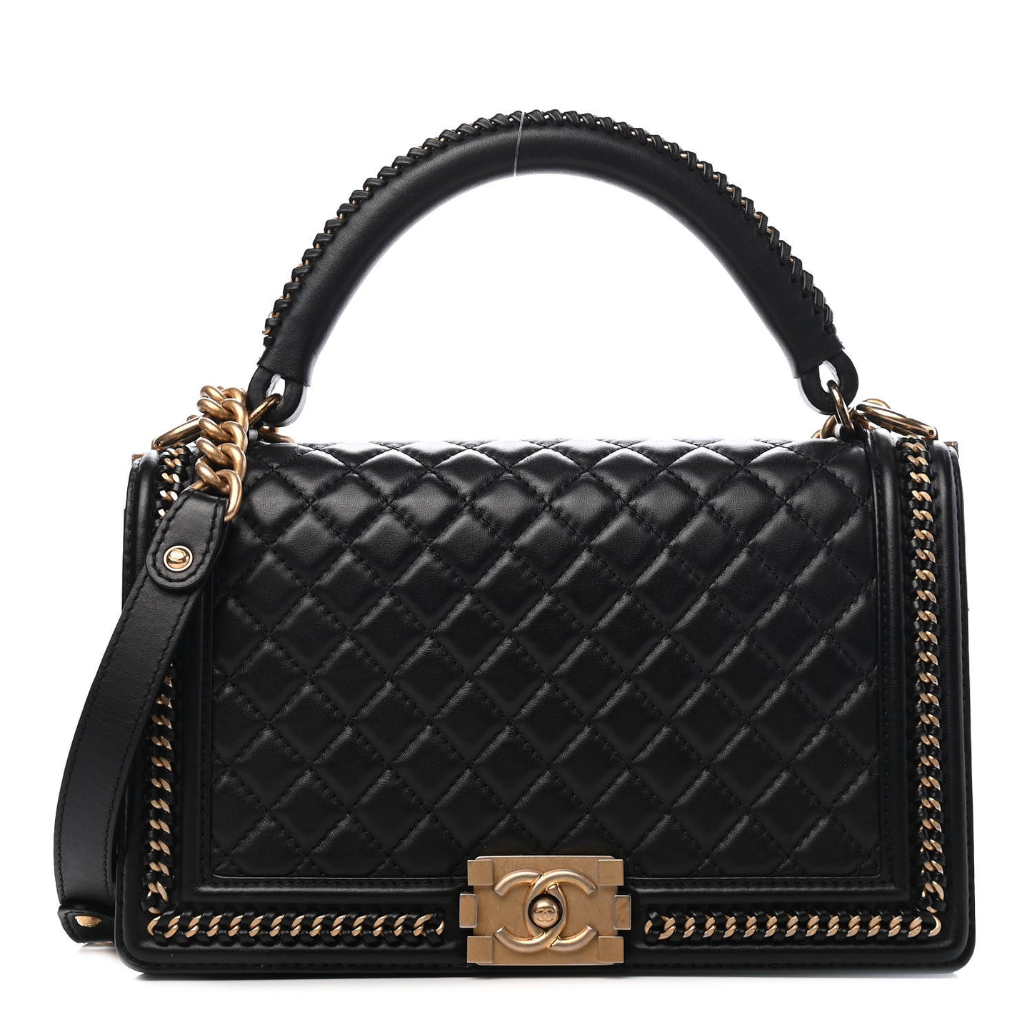 Calfskin Quilted New Medium Boy Top Handle Flap Black