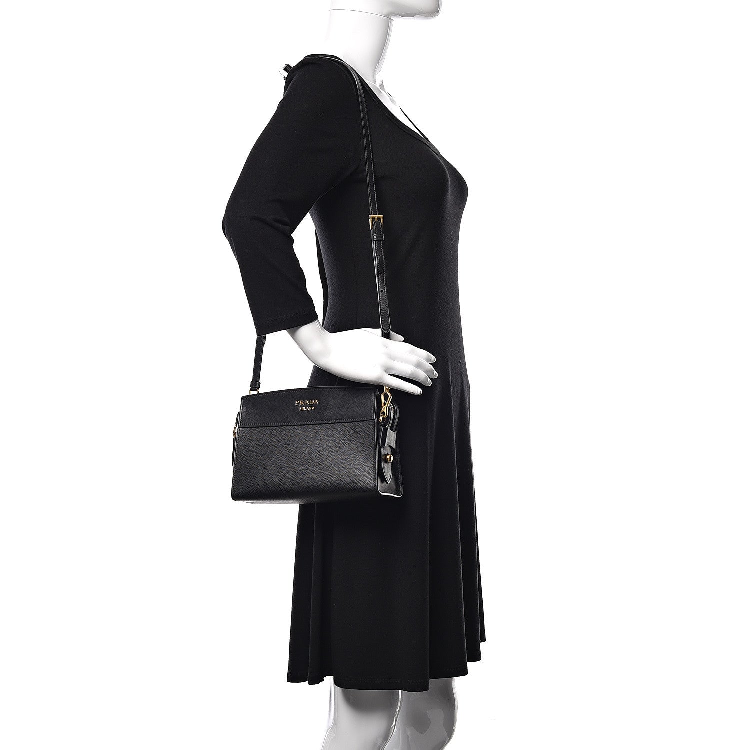 Prada Saffiano City Calfskin Esplanade Crossbody Bag Black 2 of 9