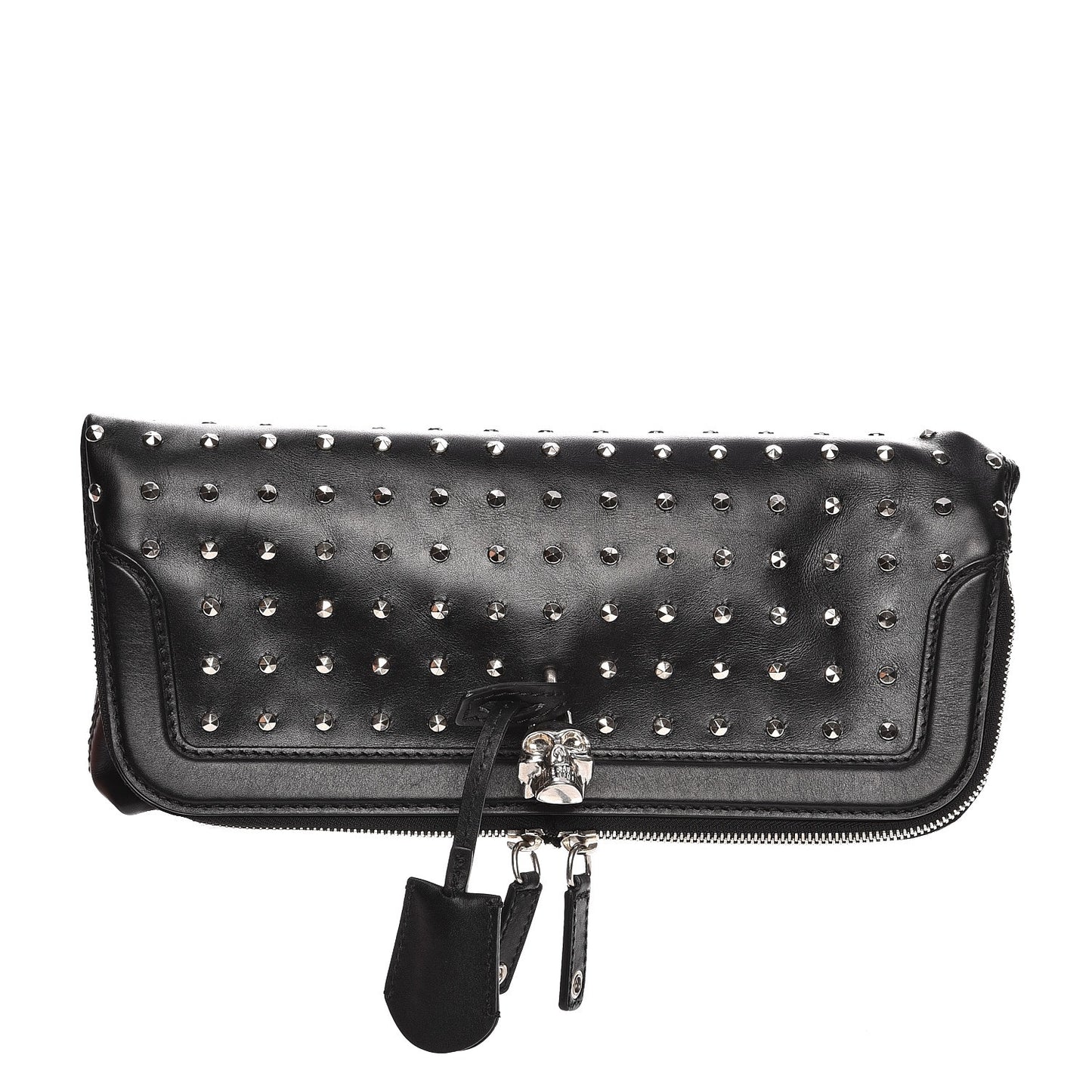 Calfskin Studded Padlock Skull Clutch Black