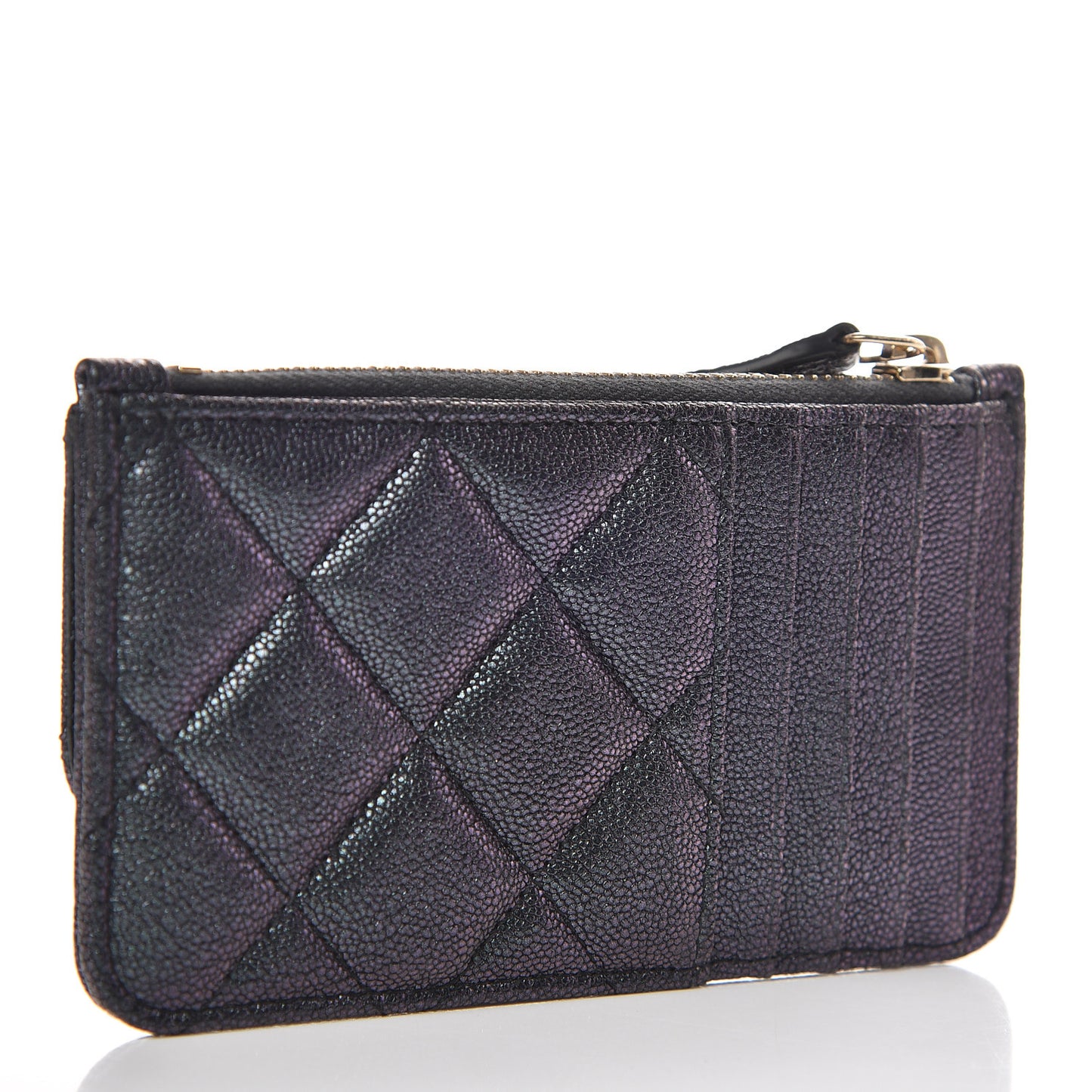 Iridescent Caviar Quilted Flap Zip Card Holder Black