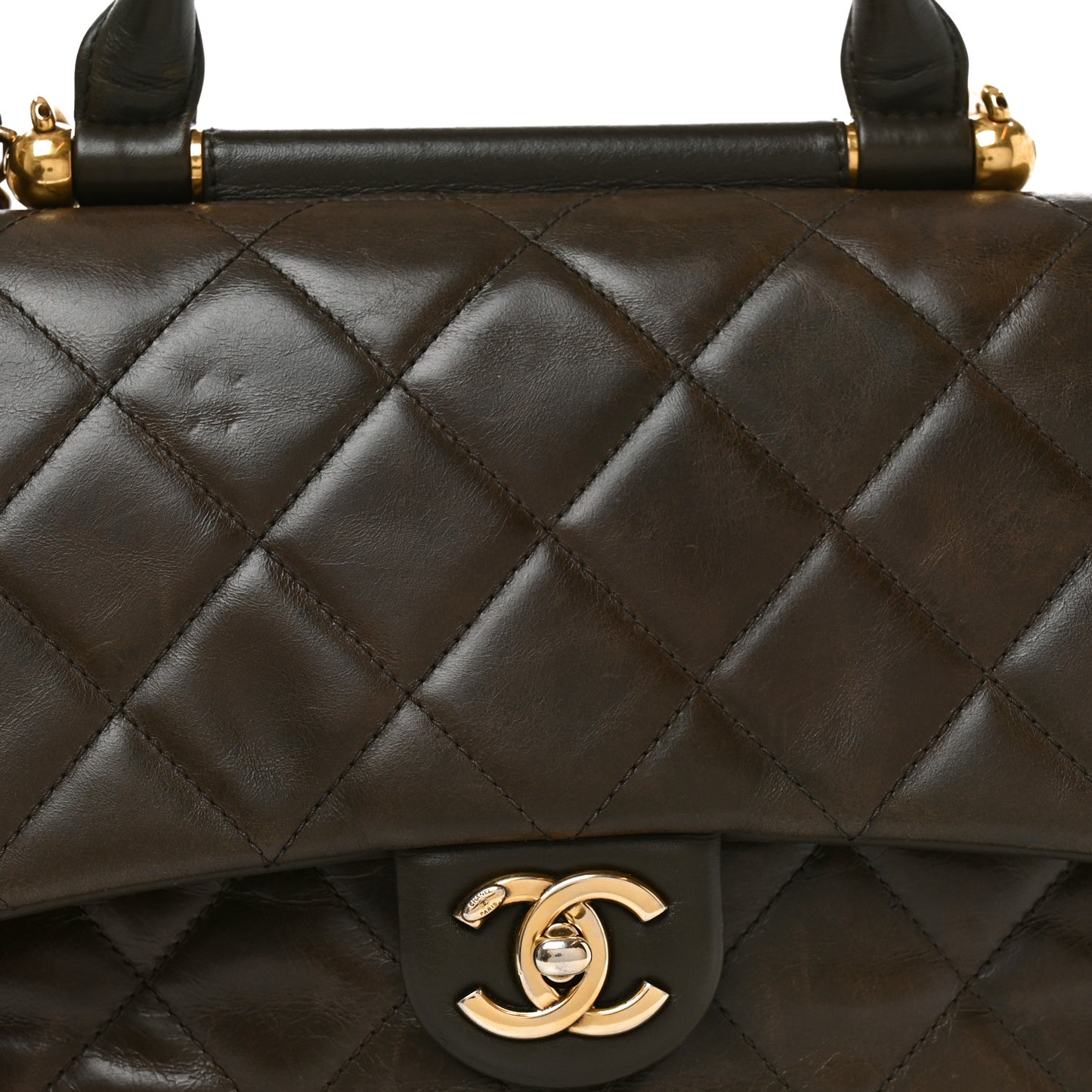 Calfskin Quilted Medium Gold Bar Top Handle Flap Dark Khaki