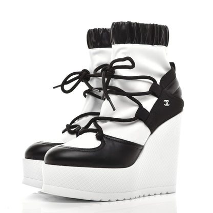 Chanel Calfksin Quilted Lace Up Boots 36.5 White Black 3 of 9