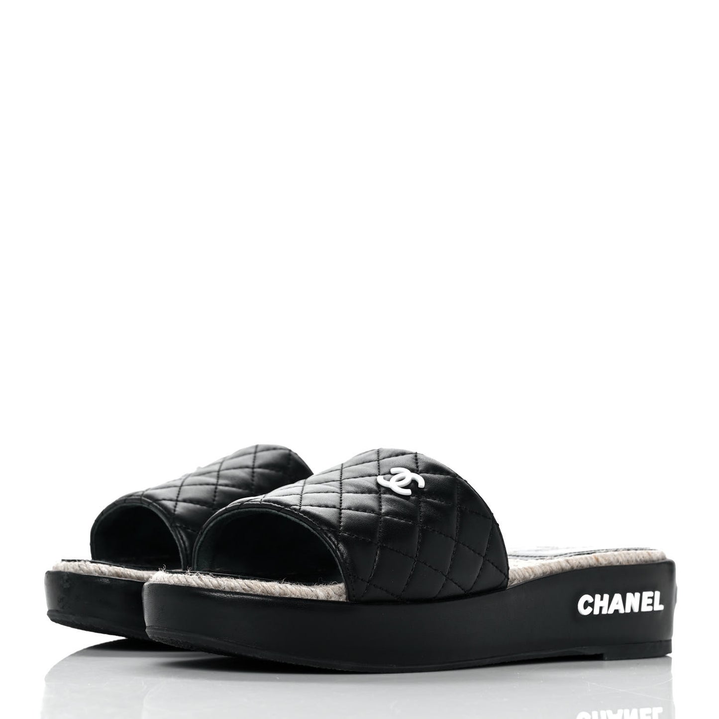 Lambskin Quilted CC Espadrille Slip On Sandals 39 Black