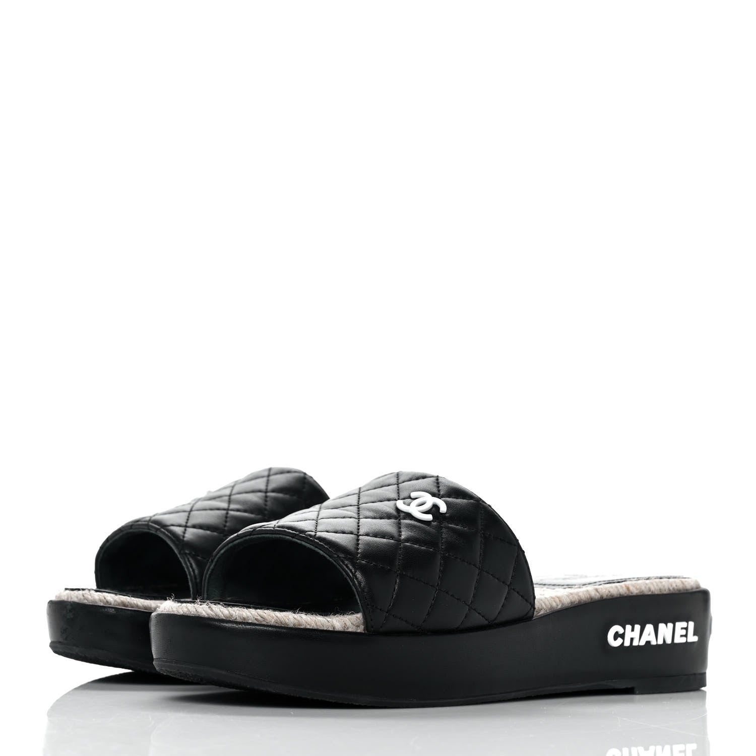 Chanel Lambskin Quilted CC Espadrille Slip On Sandals 39 Black 3 of 9
