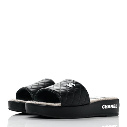 Chanel Lambskin Quilted CC Espadrille Slip On Sandals 39 Black 3 of 9