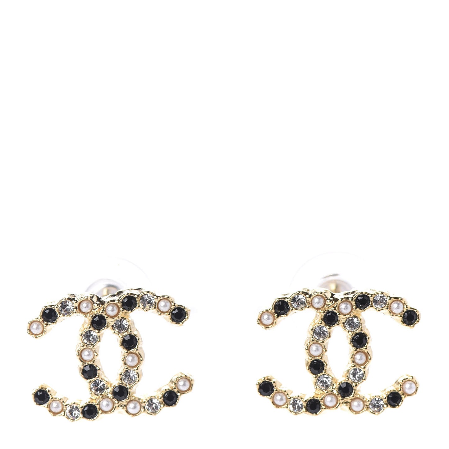 Resin Pearl Crystal CC Earrings Gold Black