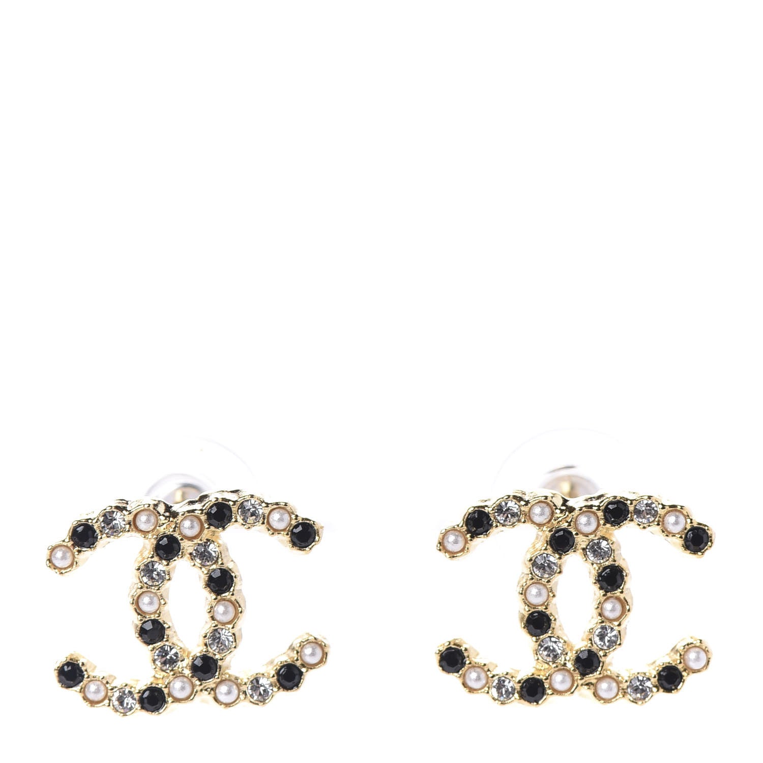 Chanel Resin Pearl Crystal CC Earrings Gold Black 1 of 5