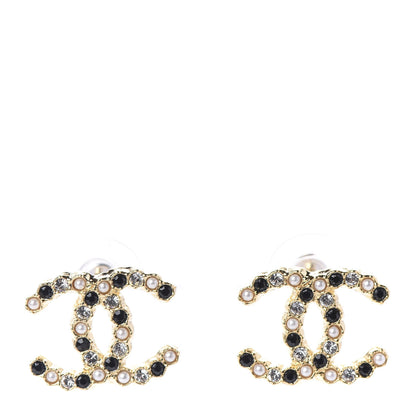Chanel Resin Pearl Crystal CC Earrings Gold Black 1 of 5