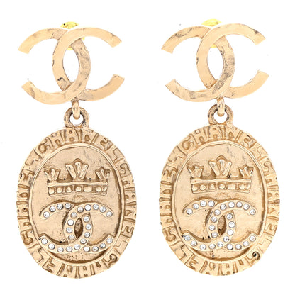 Chanel Crystal CC Medallion Drop Earrings Gold 1 of 5