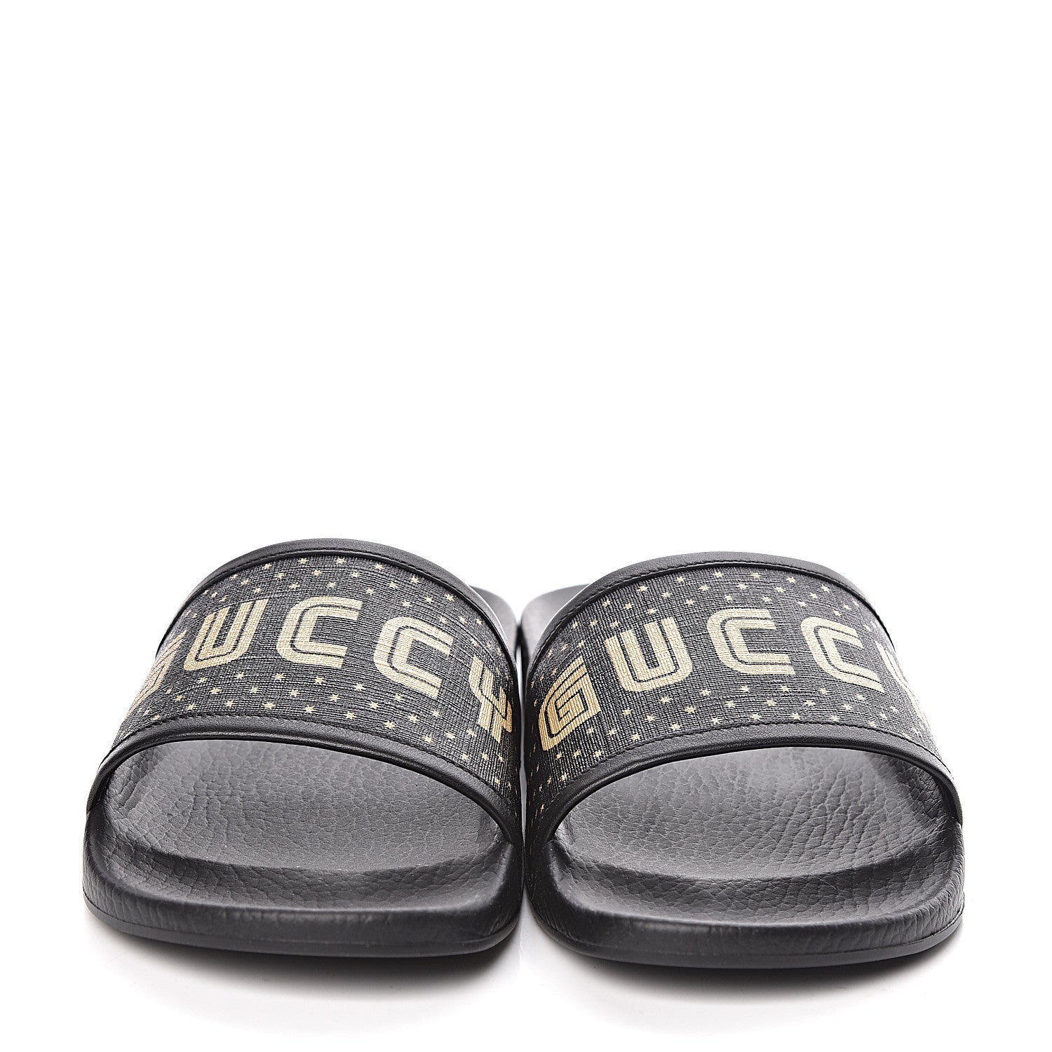 Gucci X SEGA Supreme Canvas GUCCY Stars Womens Slide Sandals 40 Black Gold 2 of 8