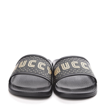 Gucci X SEGA Supreme Canvas GUCCY Stars Womens Slide Sandals 40 Black Gold 2 of 8