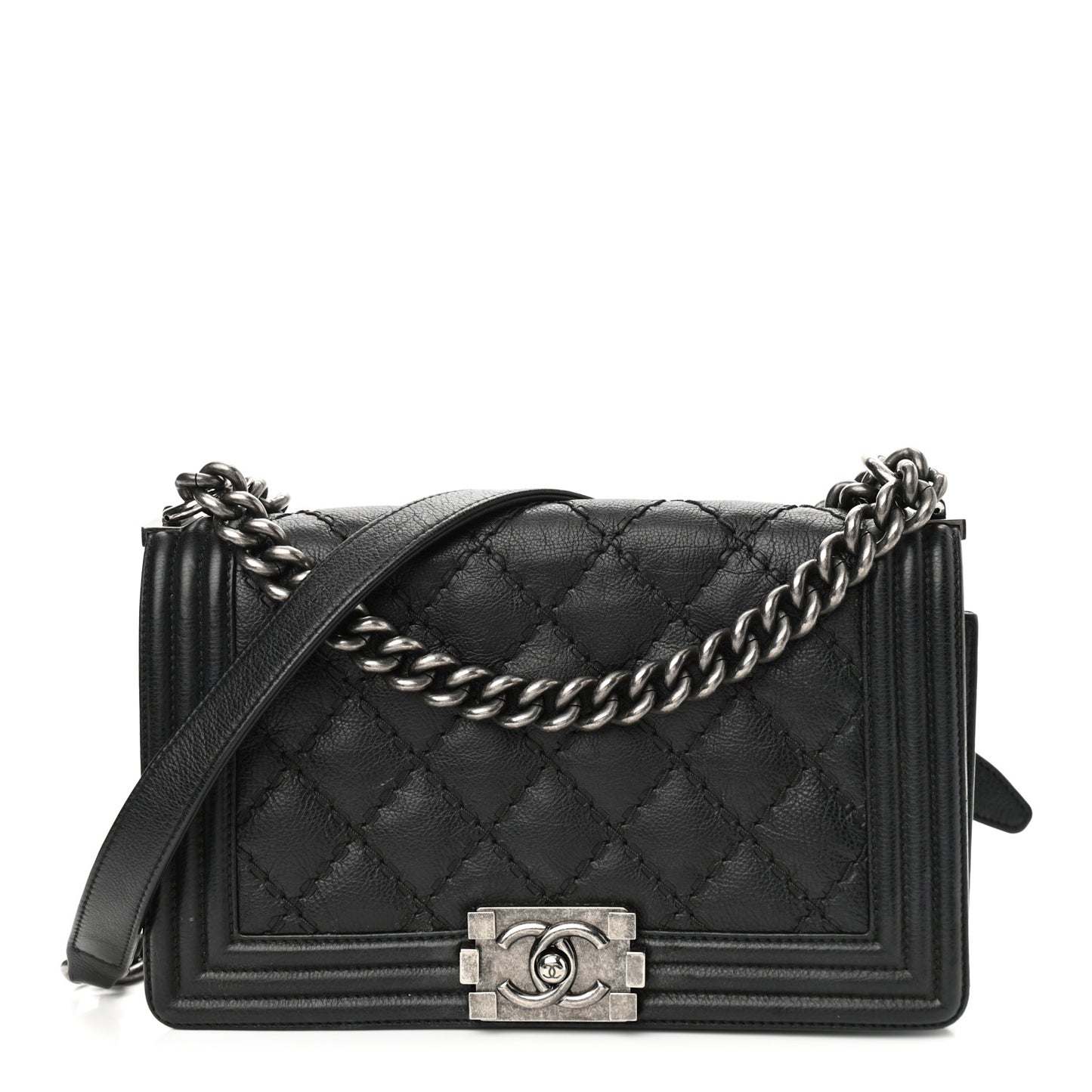 Calfskin Quilted Double Stitch New Medium Boy Flap Black