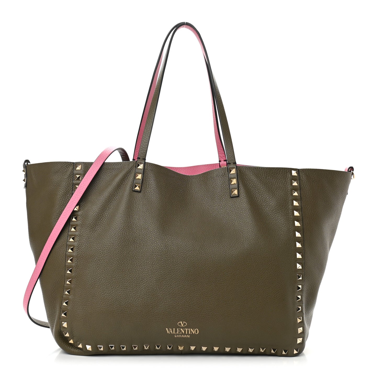 Grained Calfskin Medium Rockstud Reversible Tote Army Green Pink