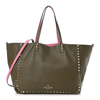 Valentino Garavani Grained Calfskin Medium Rockstud Reversible Tote Army Green Pink 1 of 16