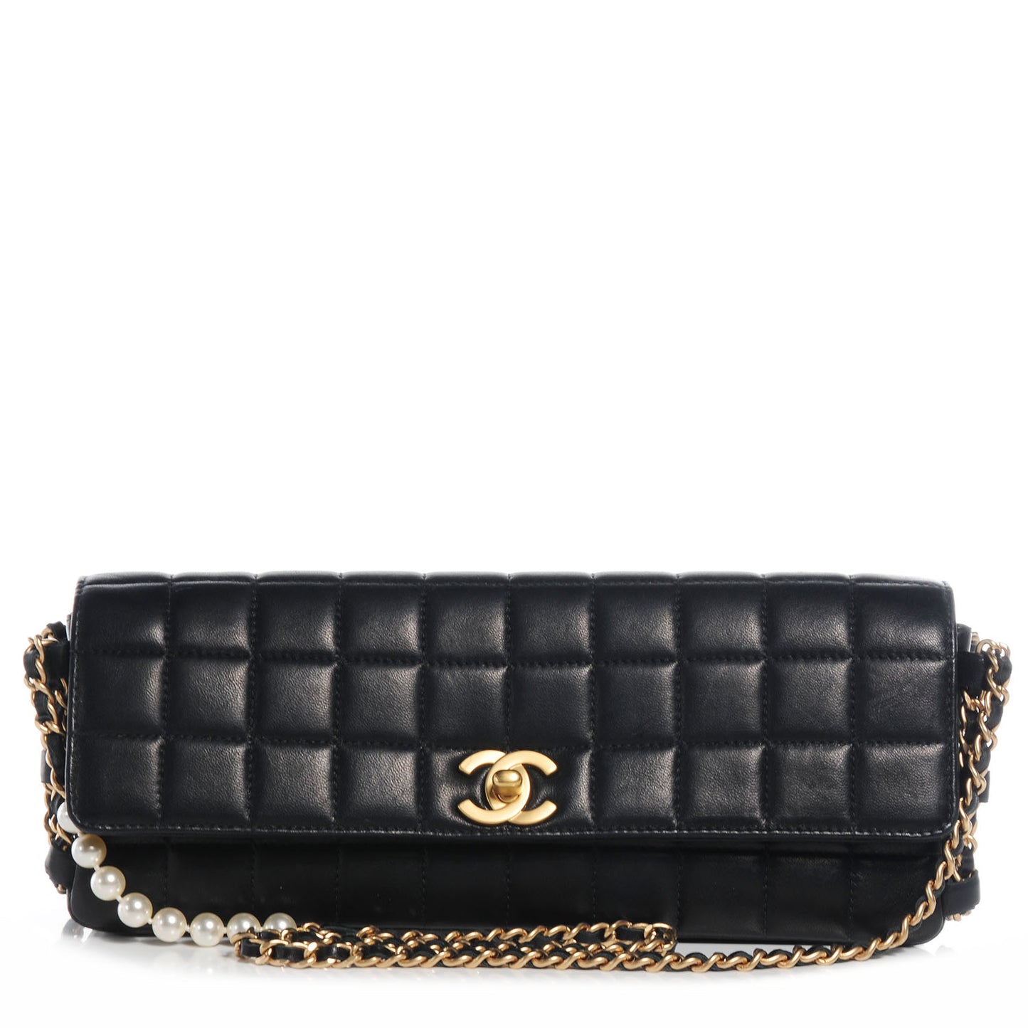 Lambskin East West Chocolate Bar Pearl Chain Flap Black