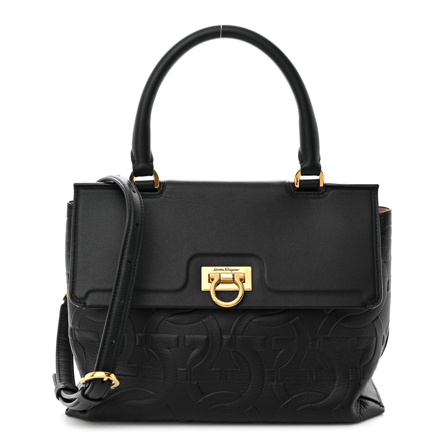 Salvatore Ferragamo Calfskin Gancini Embossed Trifolio Top Handle Bag Black 1 of 9