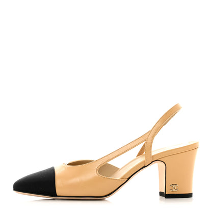 Chanel Goatskin Grosgrain Cap Toe CC Slingback Pumps 36 Beige Black 1 of 9