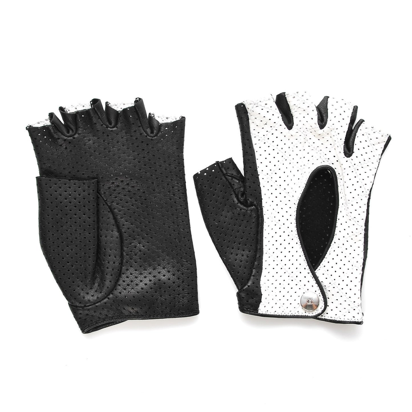Lambskin Perforated Fingerless Gloves Black White
