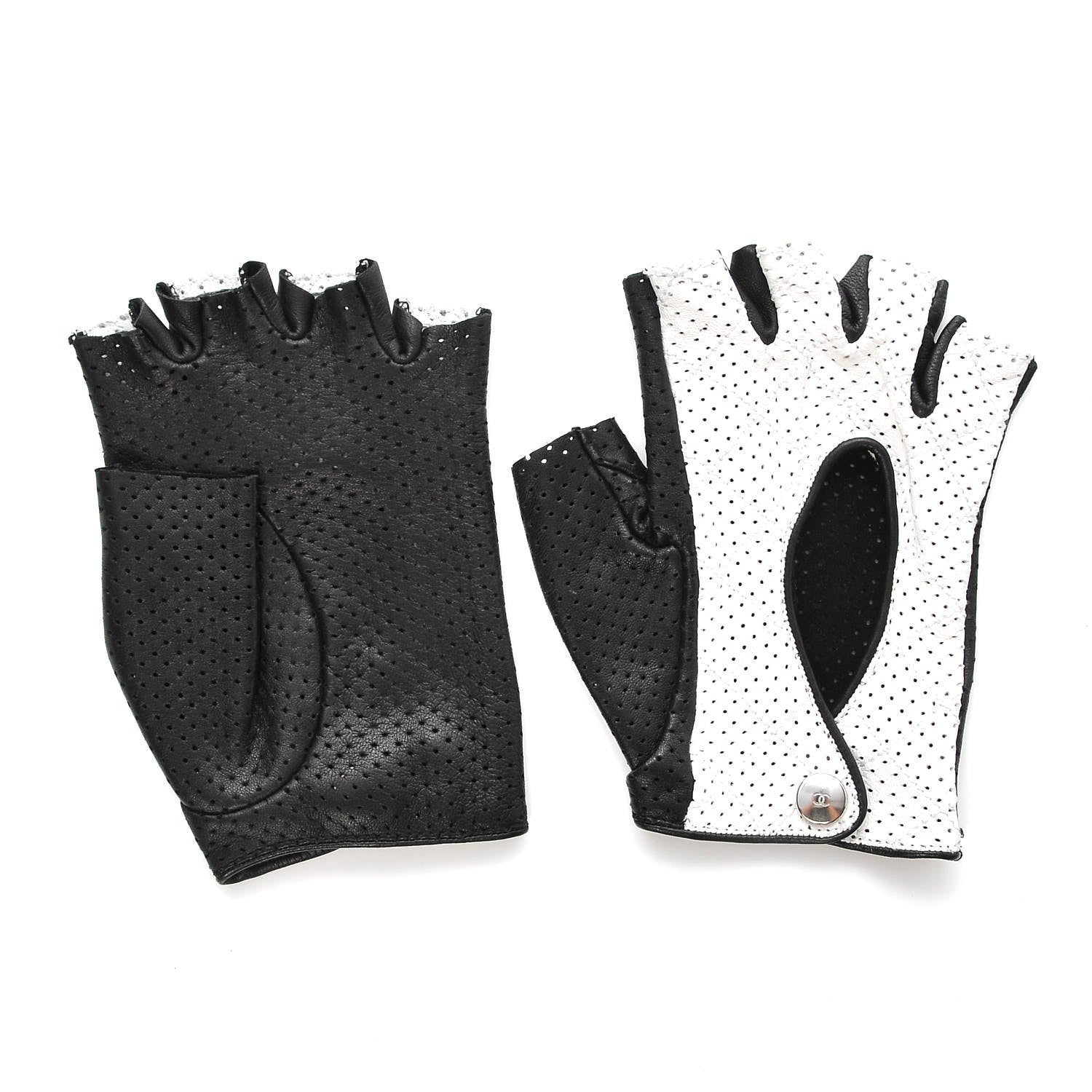 Chanel Lambskin Perforated Fingerless Gloves Black White 3 of 6