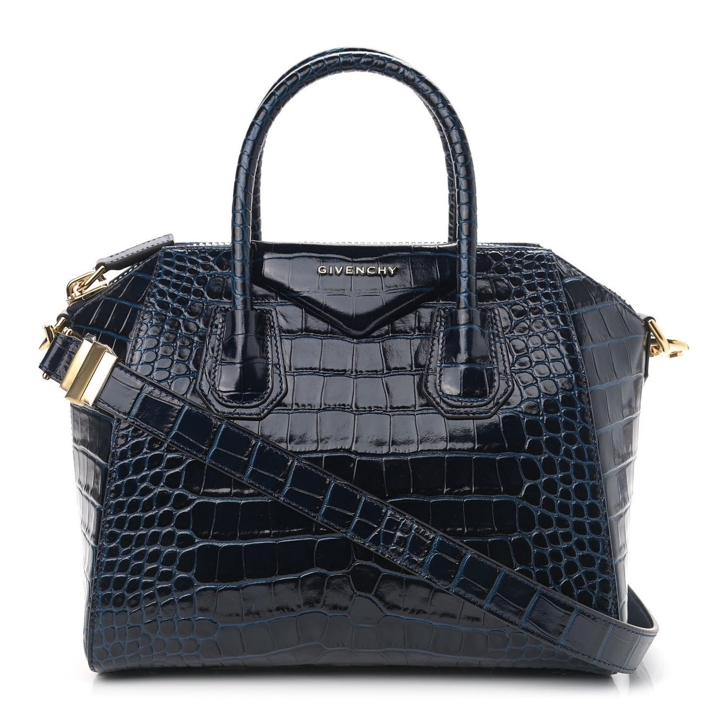 Calfskin Crocodile Embossed Small Antigona Navy