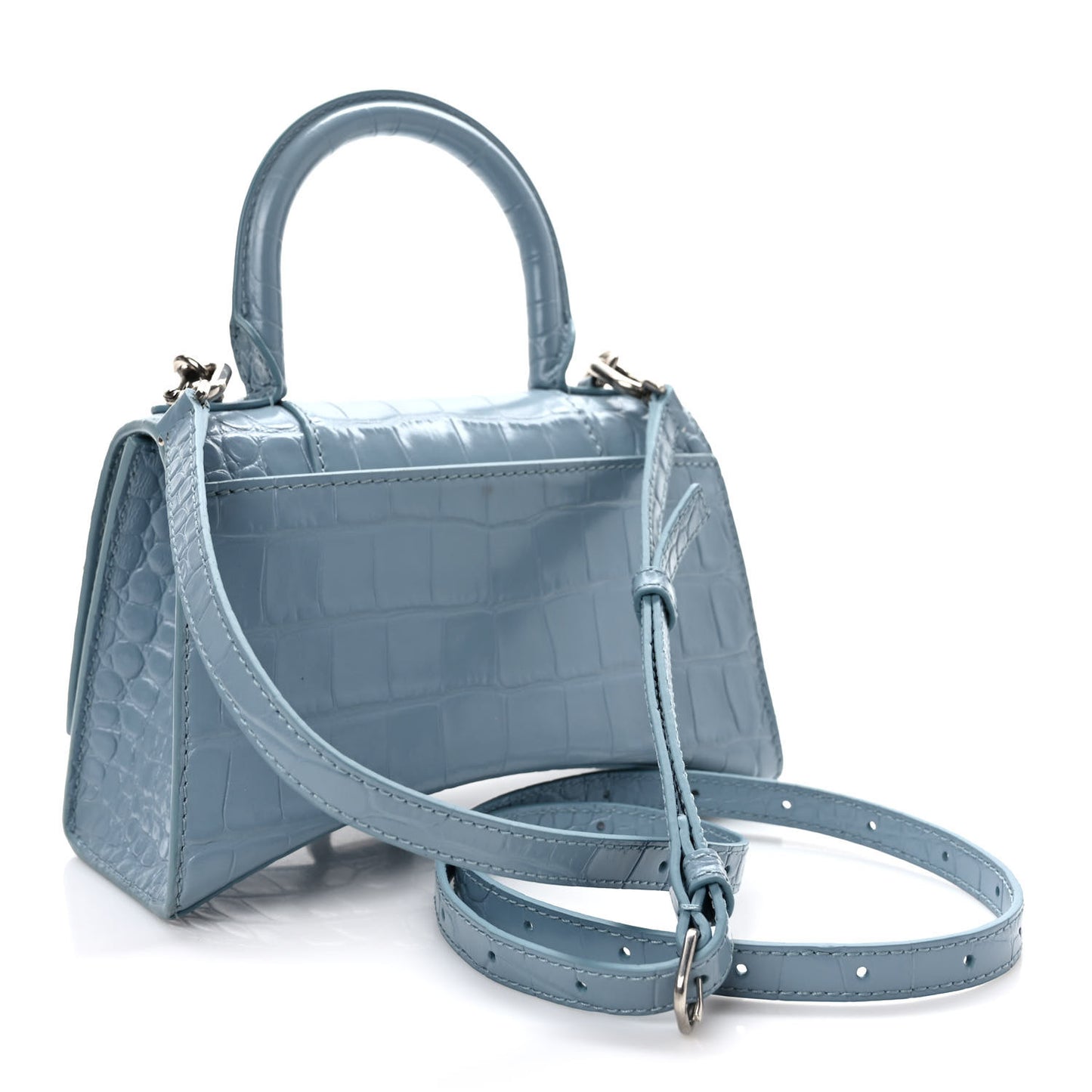 Shiny Calfskin Crocodile Embossed Hourglass Top Handle Bag XS Blue Grey