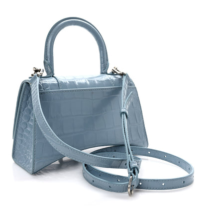 Balenciaga Shiny Calfskin Crocodile Embossed Hourglass Top Handle Bag XS Blue Grey 2 of 8