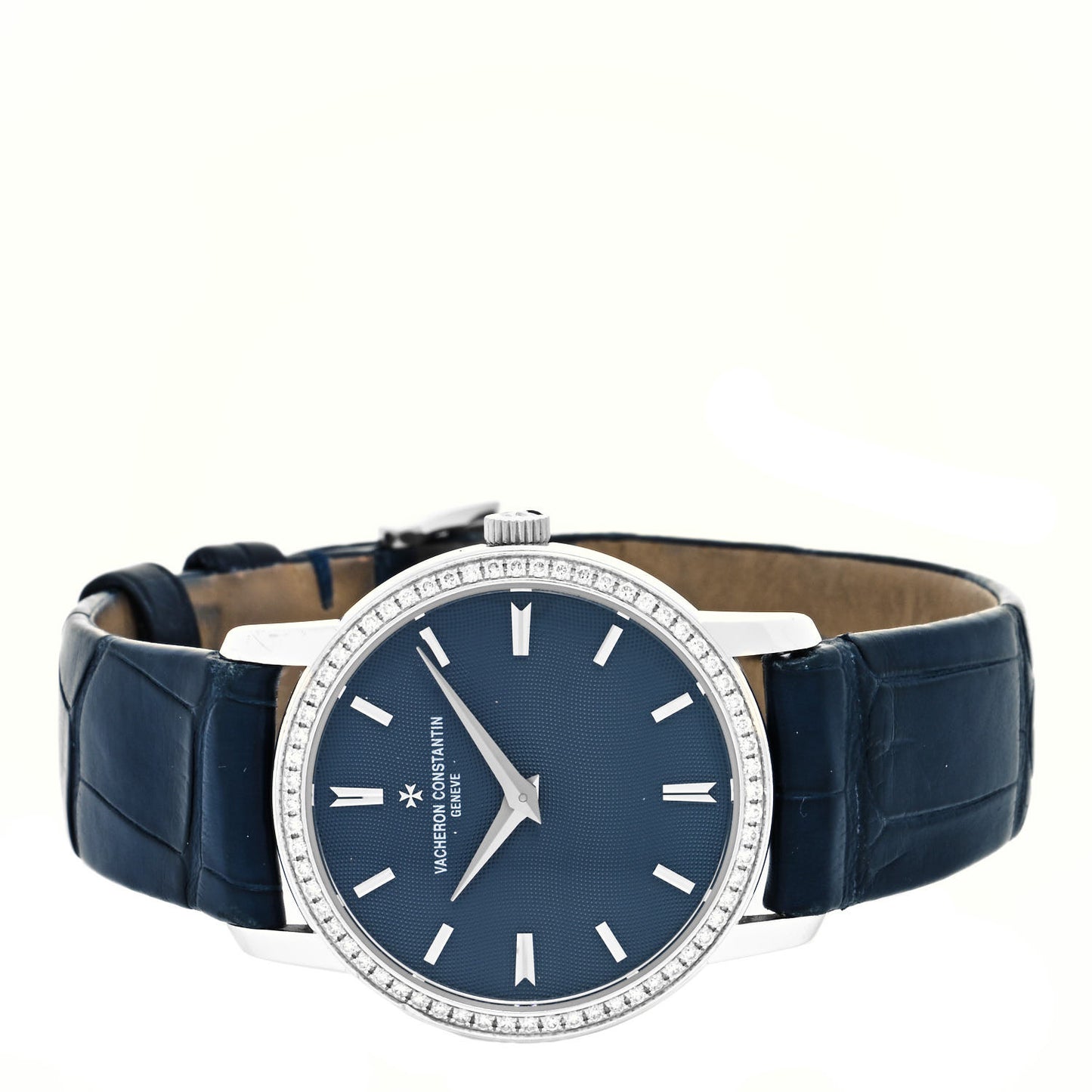 18K White Gold Alligator Diamond Bezel 30mm Patrimony Traditionnelle Quartz Watch Blue 25558
