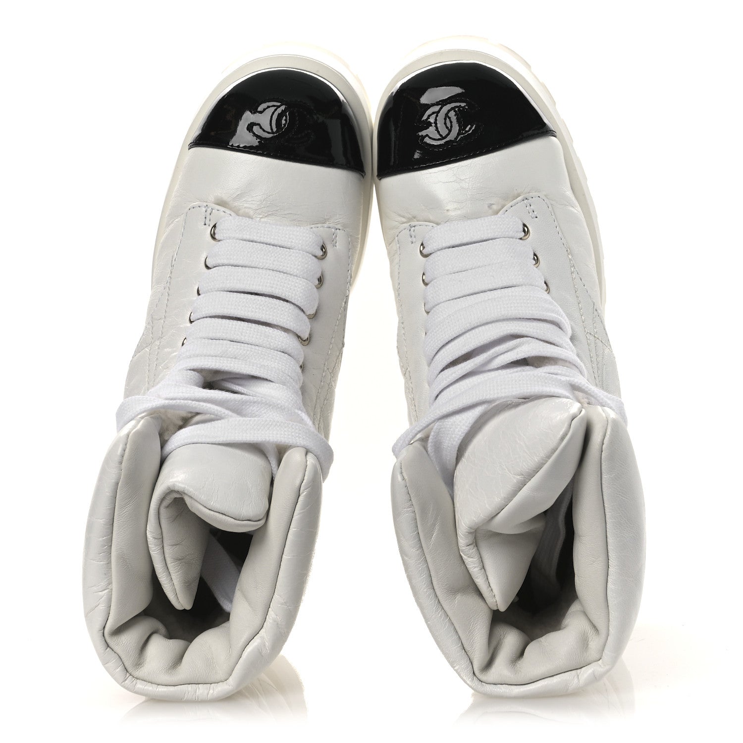 Chanel Crumpled Patent Lambskin Calfskin Quilted Lace Up Combat Boots 37 White Black 2 of 10