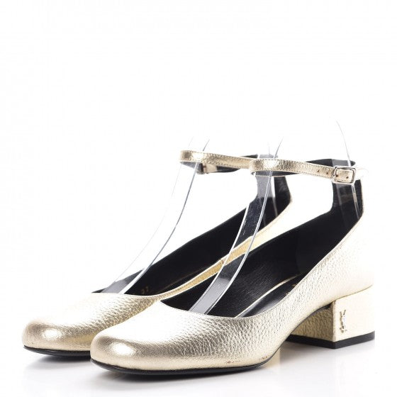 Metallic Calfskin Babies 40 Ankle Strap Pumps 37 Gold